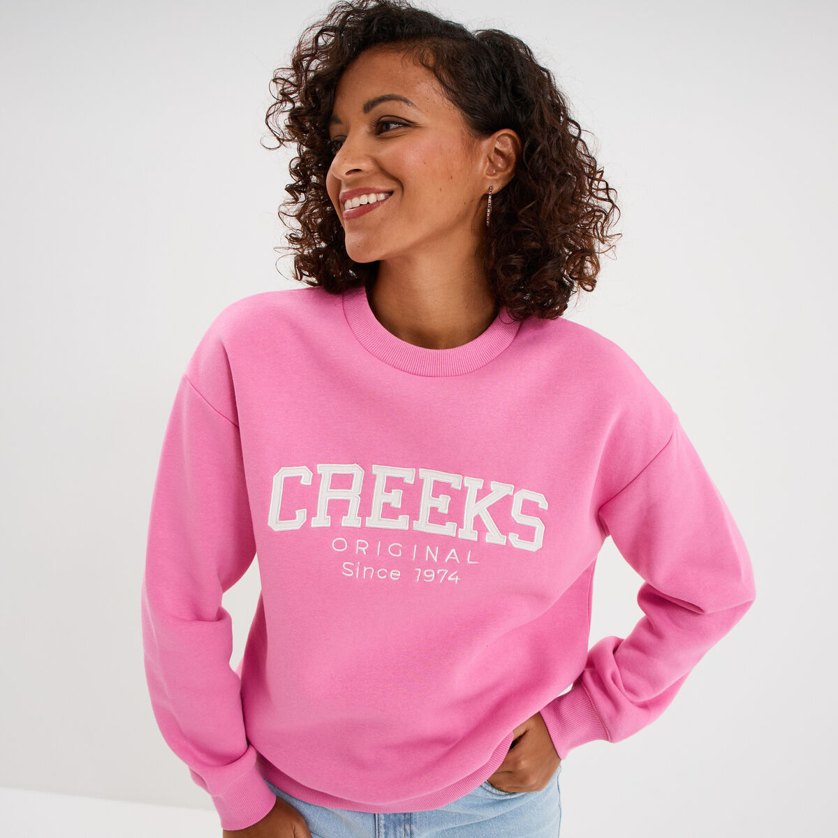 Sweat molleton col rond manches longues rose vif femme