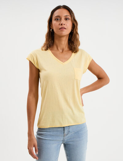 T-shirt col v poche poitrine jaune pastel femme