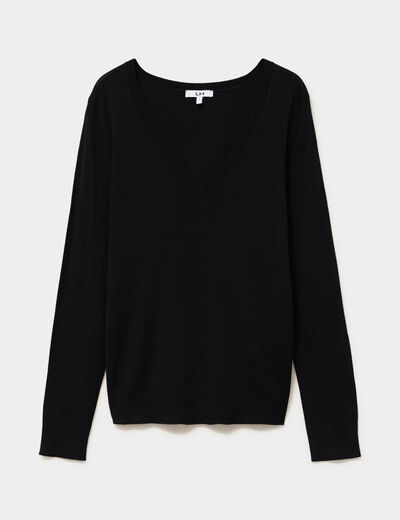 Pull col en V manches longues noir femme