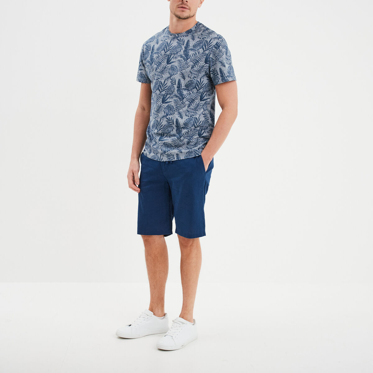 Bermuda chino à coulisse lin mélangé bleu roi homme