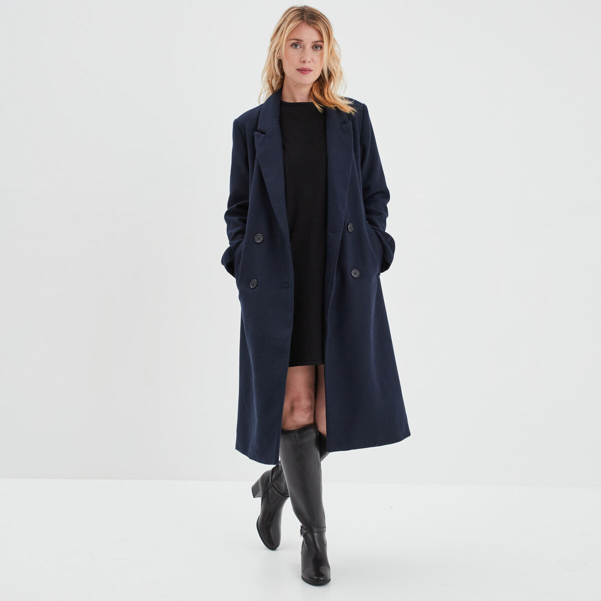 Manteau long boutonnage croisé bleu marine femme