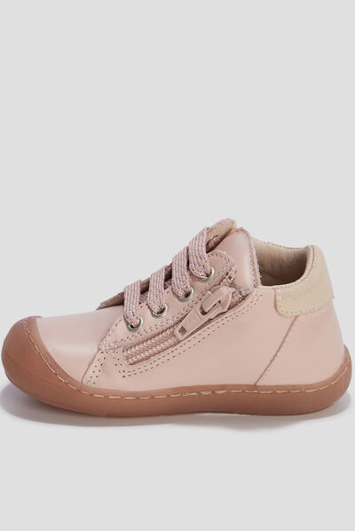 Bottillons zippés en cuir rose bébé fille