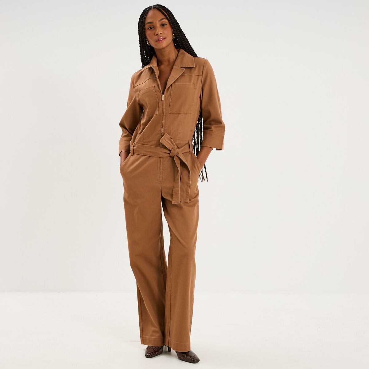 Combinaison pantalon zipp&eacute;e jambe large marron clair femme