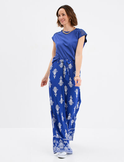 T-shirt épaules broderie coton bleu roi femme