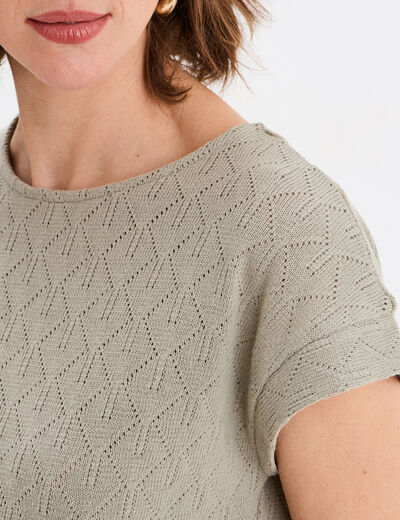 T-shirt ajouré manches courtes vert kaki femme