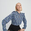 Blouse à épaules et col volantés bleu marine femme