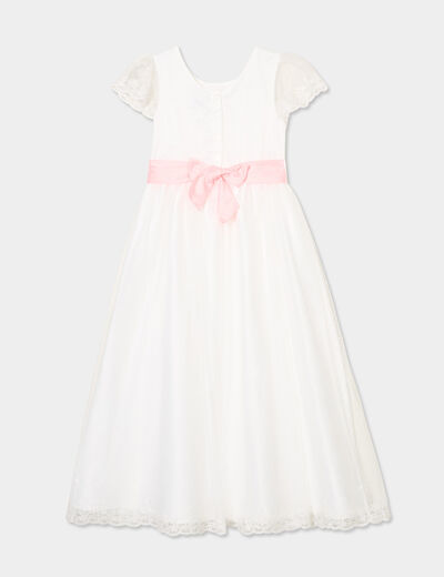 Robe longue tulle brodée avec ceinture ivoire fille