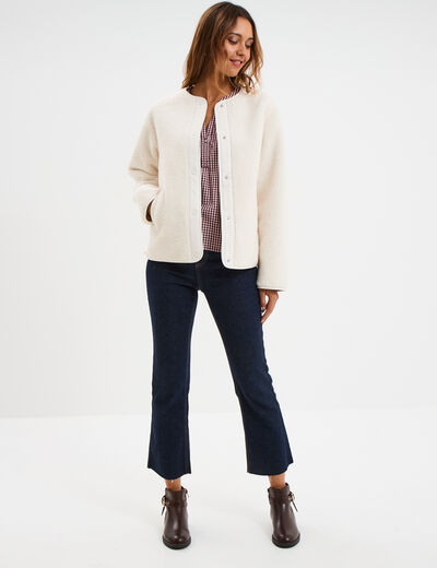 Veste effet polaire boutonn&eacute;e col rond ecru femme