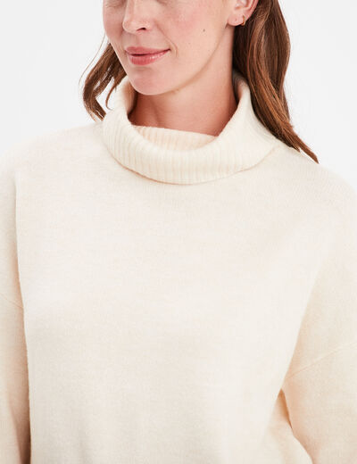 Pull col roulé droit manches longues creme femme