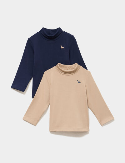 Lot 2 t-shirts col roul&eacute; boutonn&eacute; dos sable b&eacute;b&eacute; gar&ccedil;on