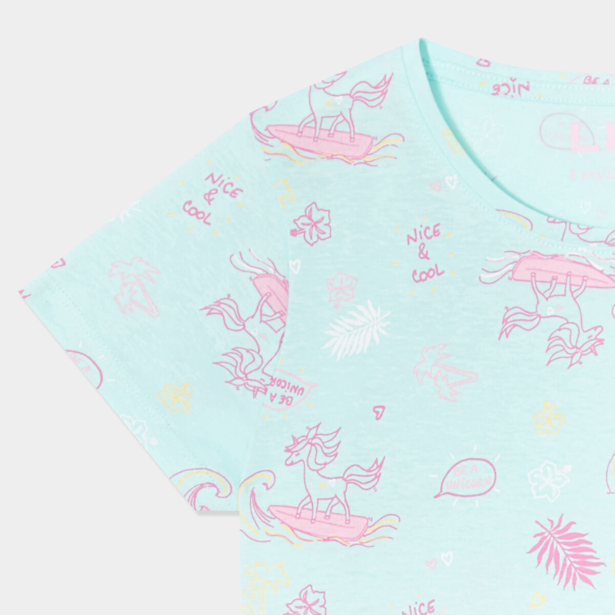 T-shirt col rond manches courtes coton bleu clair fille