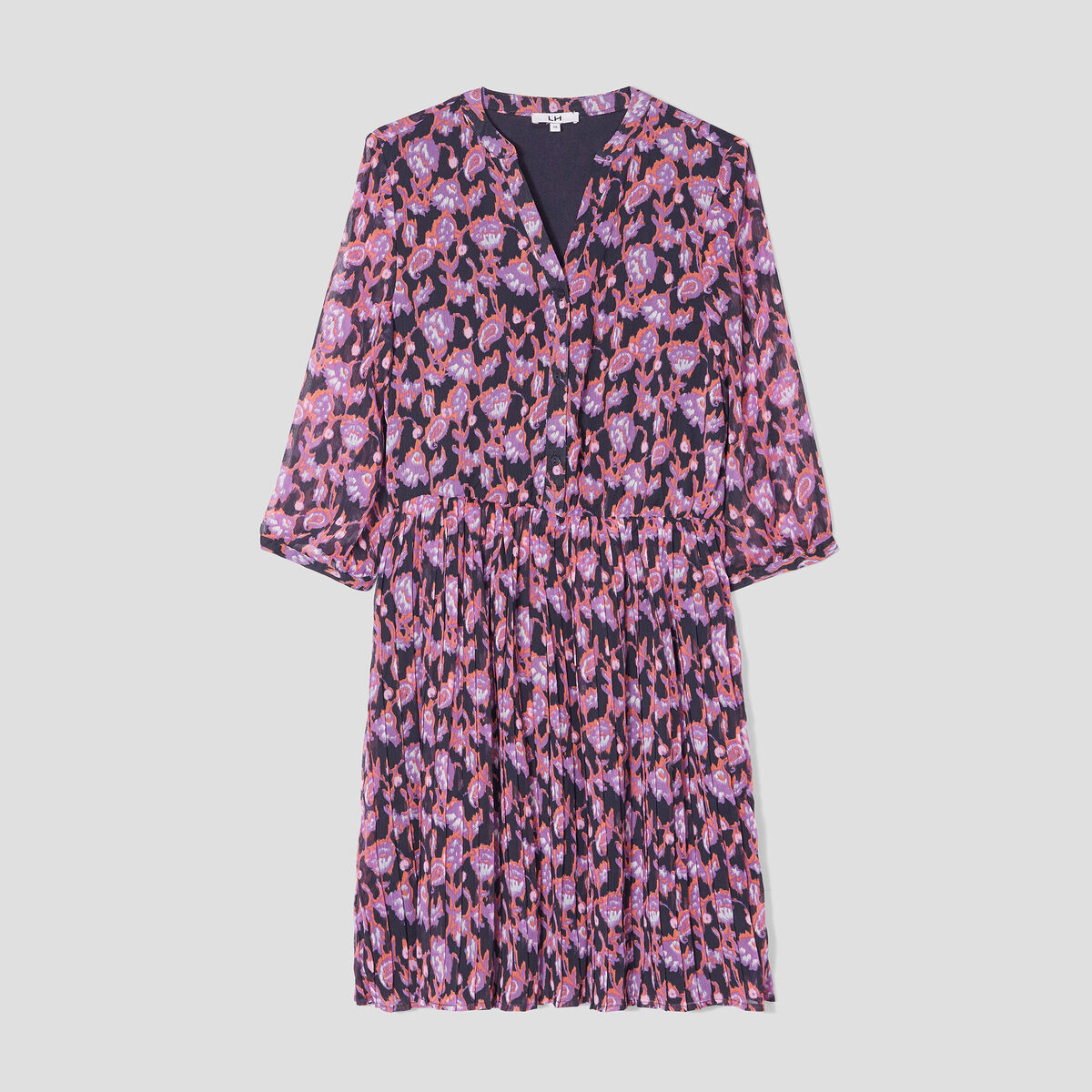 Robe évasée bas plissé manches 3/4 bleu marine femme