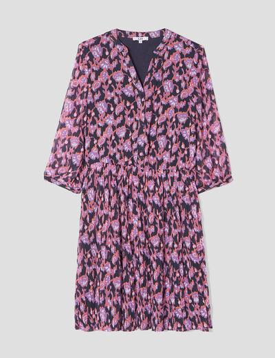 Robe évasée bas plissé manches 3/4 bleu marine femme