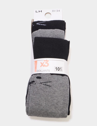 Lot 3 collants coton d&eacute;tail chat gris fille