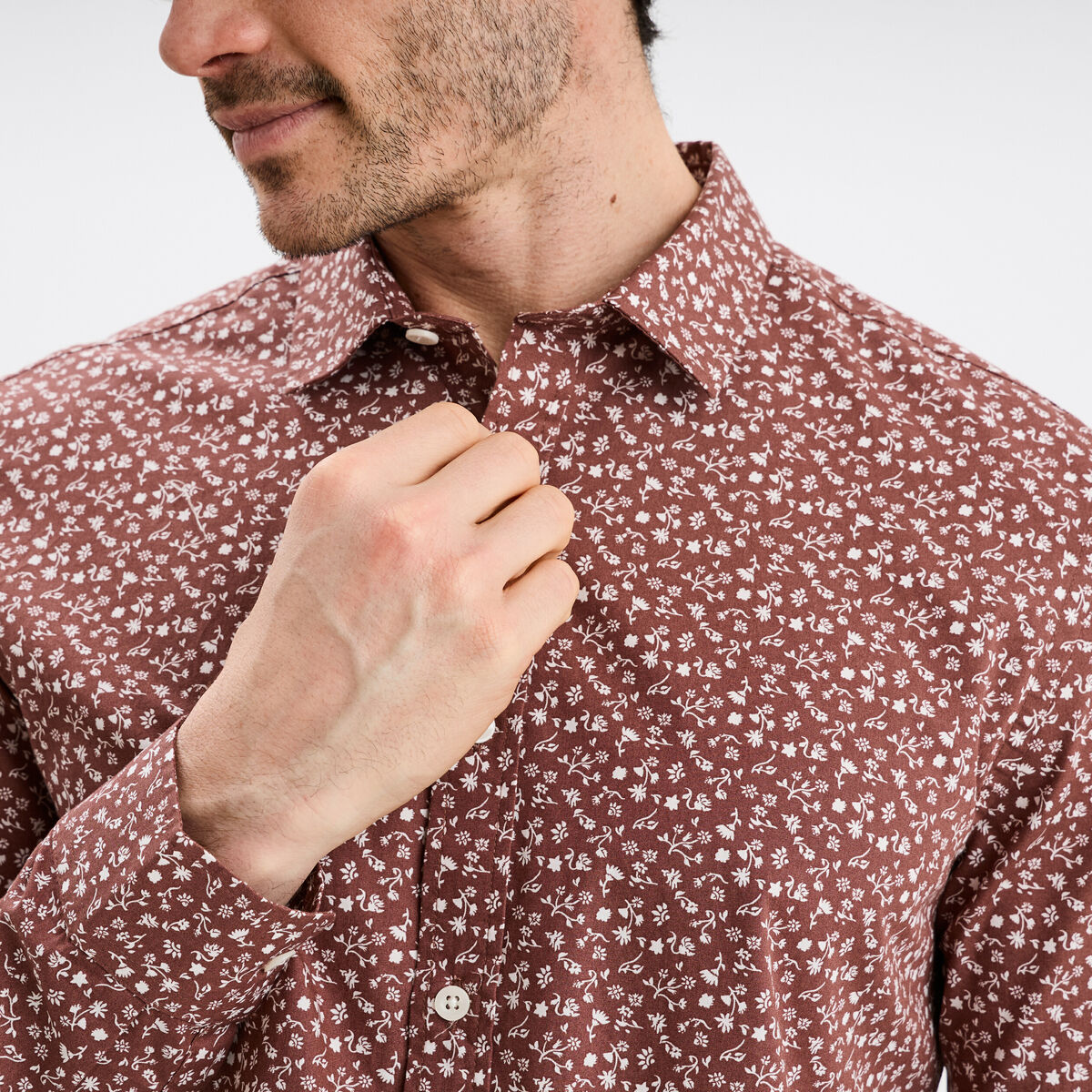 Chemise droite imprim&eacute;e manches longues marron homme