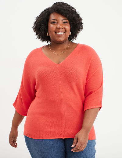 Pull manches 3/4 ajusté rouge femme grande taille