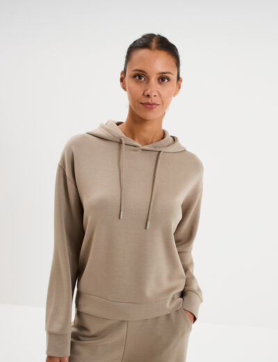 Sweat hoodie manches longues &agrave; capuche taupe femme