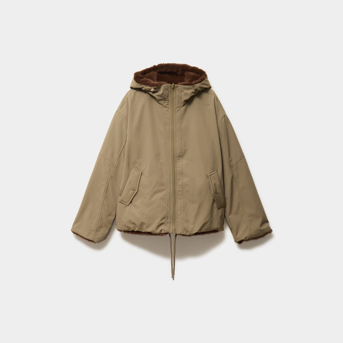 Parka r&eacute;versible capuche fausse fourrure vert kaki femme