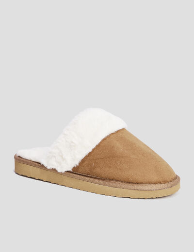 Chaussons mules col en fausse fourrure camel femme