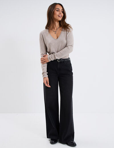 Pull ajusté avec col en V beige femme