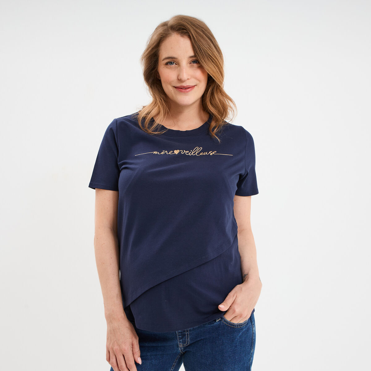 T-shirt manches courtes allaitement bleu marine femme maternit&eacute;