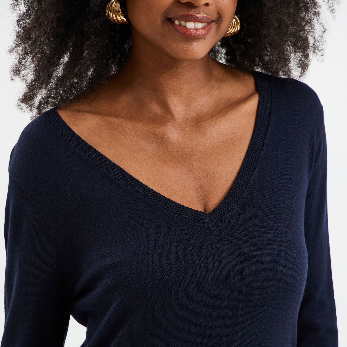 Pull col en V manches longues bleu marine femme