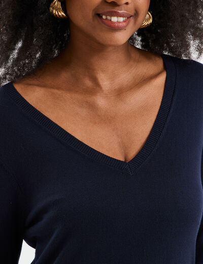 Pull col en V manches longues bleu marine femme