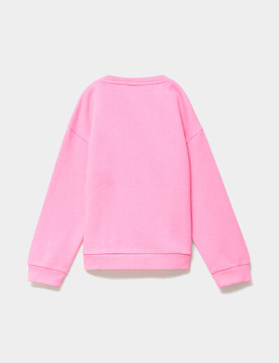 Sweat &agrave; sequins col rond manches longues rose fluo fille