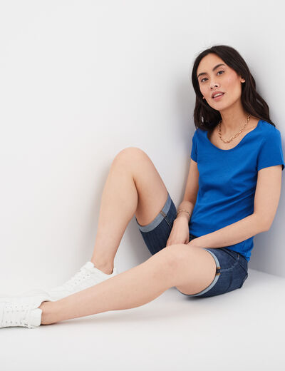 T-shirt coton col rond manches courtes bleu roi femme