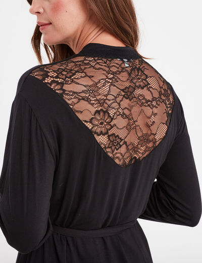 Peignoir fluide dentelle et ceinture noir femme