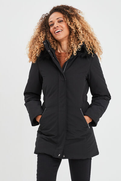 Parka mi-longue à capuche fourrure noir femme