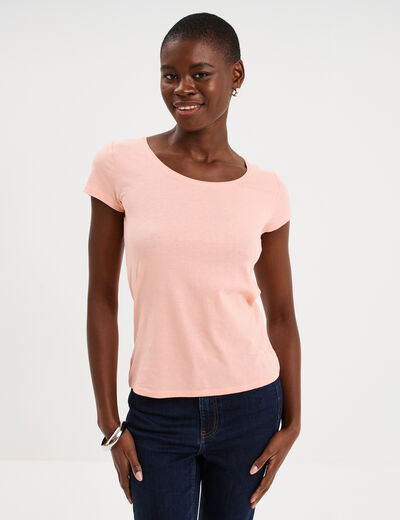 T-shirt coton col rond manches courtes rose poudr&eacute;e femme