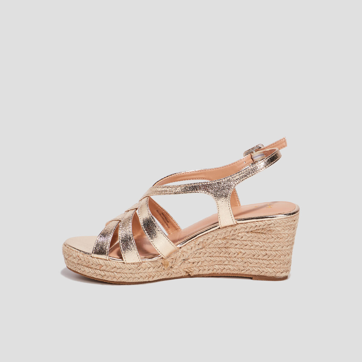 Sandales compens&eacute;es brides crois&eacute;es jaune or femme