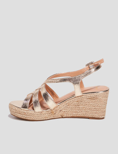 Sandales compens&eacute;es brides crois&eacute;es jaune or femme