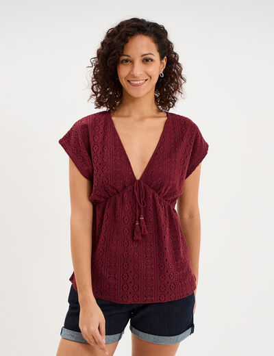 T-shirt dentelle col en V noeud bordeaux femme