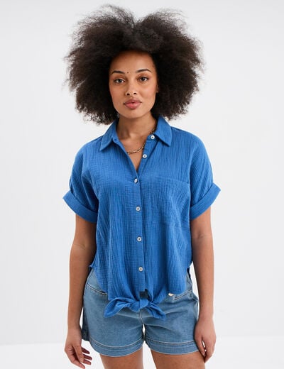 Chemise nouée manches courtes gaze coton bleu foncé femme