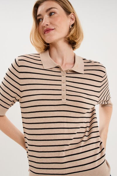 Pull col polo manches courtes beige clair femme