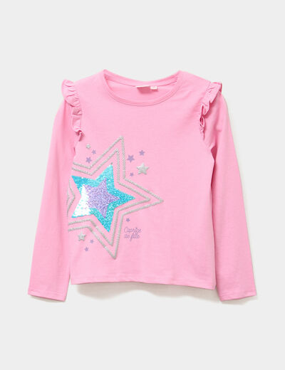 T-shirt volants et sequins coton rose fille