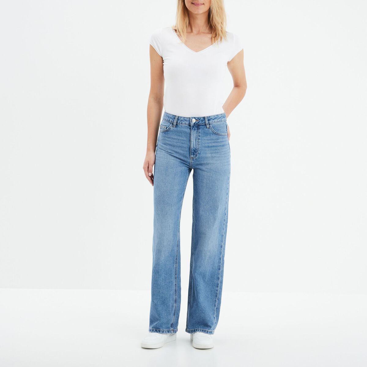 Jeans wide leg taille haute coton denim double stone femme