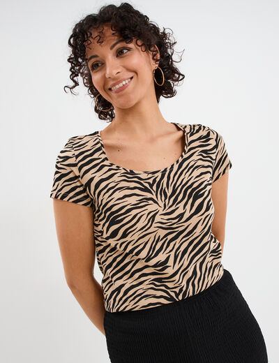 T-shirt coton imprimé coupe ajustée sable femme