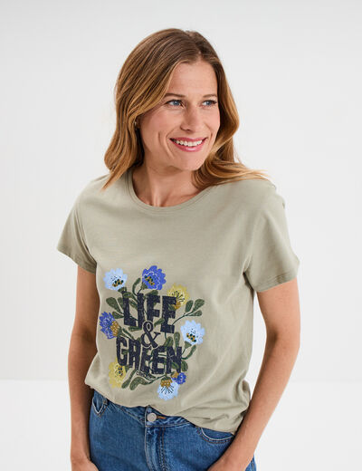 T-shirt ajusté col rond coton Creeks vert kaki femme