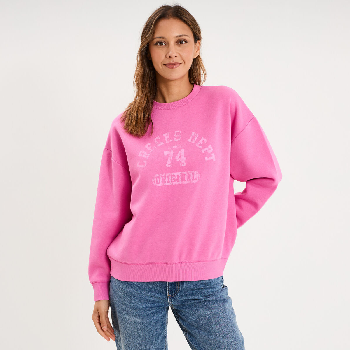 Sweat col rond manches longues rose fushia femme