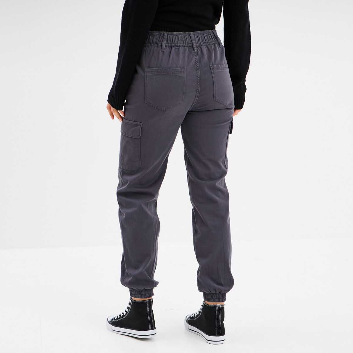 Pantalon cargo taille haute ajustable gris foncé femme