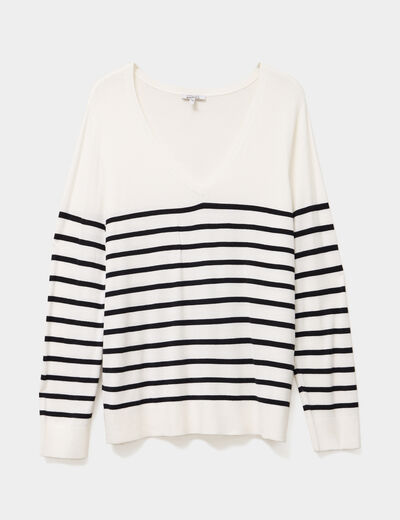 Pull col en V manches longues ecru femme grande taille
