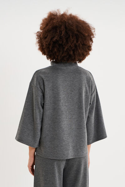 Top oversize col montant manches 3/4 gris fonc&eacute; femme