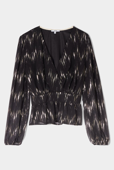 Blouse cintrée col cache-coeur noir femme