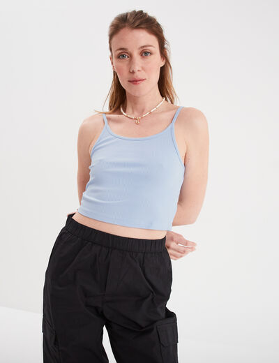 Débardeur cropped côtelé bleu clair femme