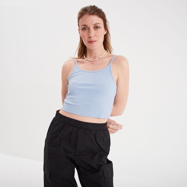 Débardeur cropped côtelé bleu clair femme