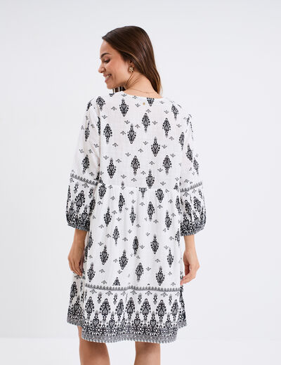 Robe trapèze col tunisien avec noeud ecru femme