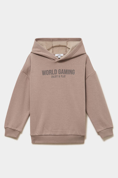 Sweat hoodie doubl&eacute; &agrave; capuche oversize taupe gar&ccedil;on
